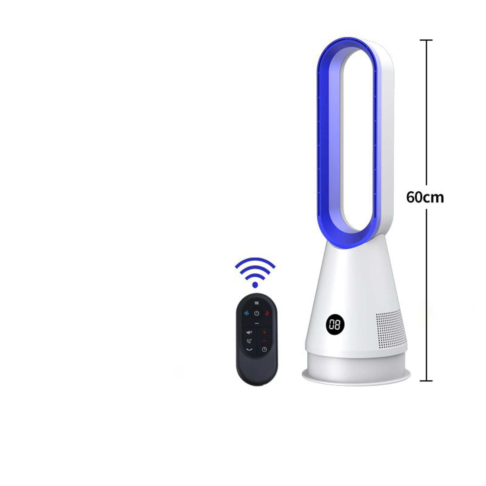 Weiß-blauer Turmventilator mit Fernbedienung. Der Ventilator hat eine ovale Form, Digitalanzeige, und 60cm Höhe.