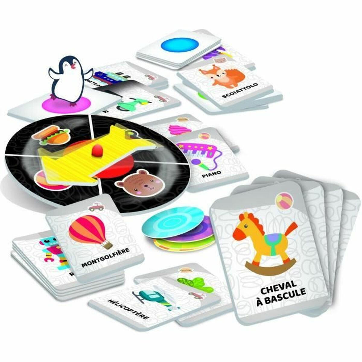 Gioco di carte per bambini con varie illustrazioni. Carte con immagini di animali, oggetti e azioni visibili.