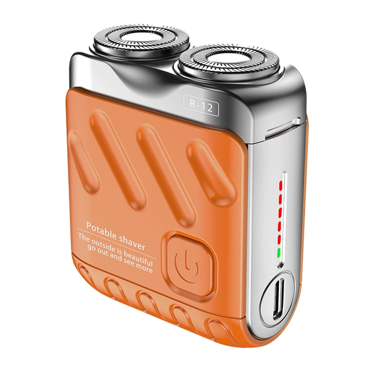 Ein orangefarbener und silberner Rasierer mit zwei rotierenden Köpfen und einem Ein-/Ausschalter.