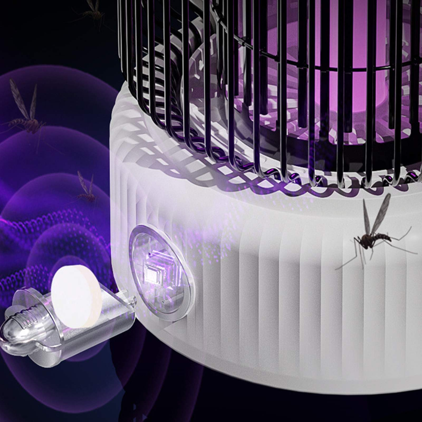 Ein weißer Moskitokiller mit violettem Licht. Moskitos sind drumherum. Ein kleines kreisförmiges Licht ist vorhanden.