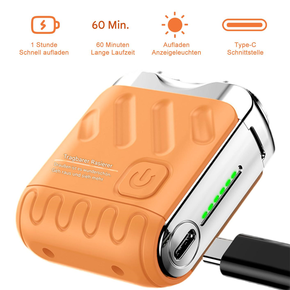 Oranger elektrischer Rasierer mit Power-Taste, Ladeanzeige und USB-C-Anschluss. Text: Tragbarer Rasierer, 1 Stunde Schnell aufladen.