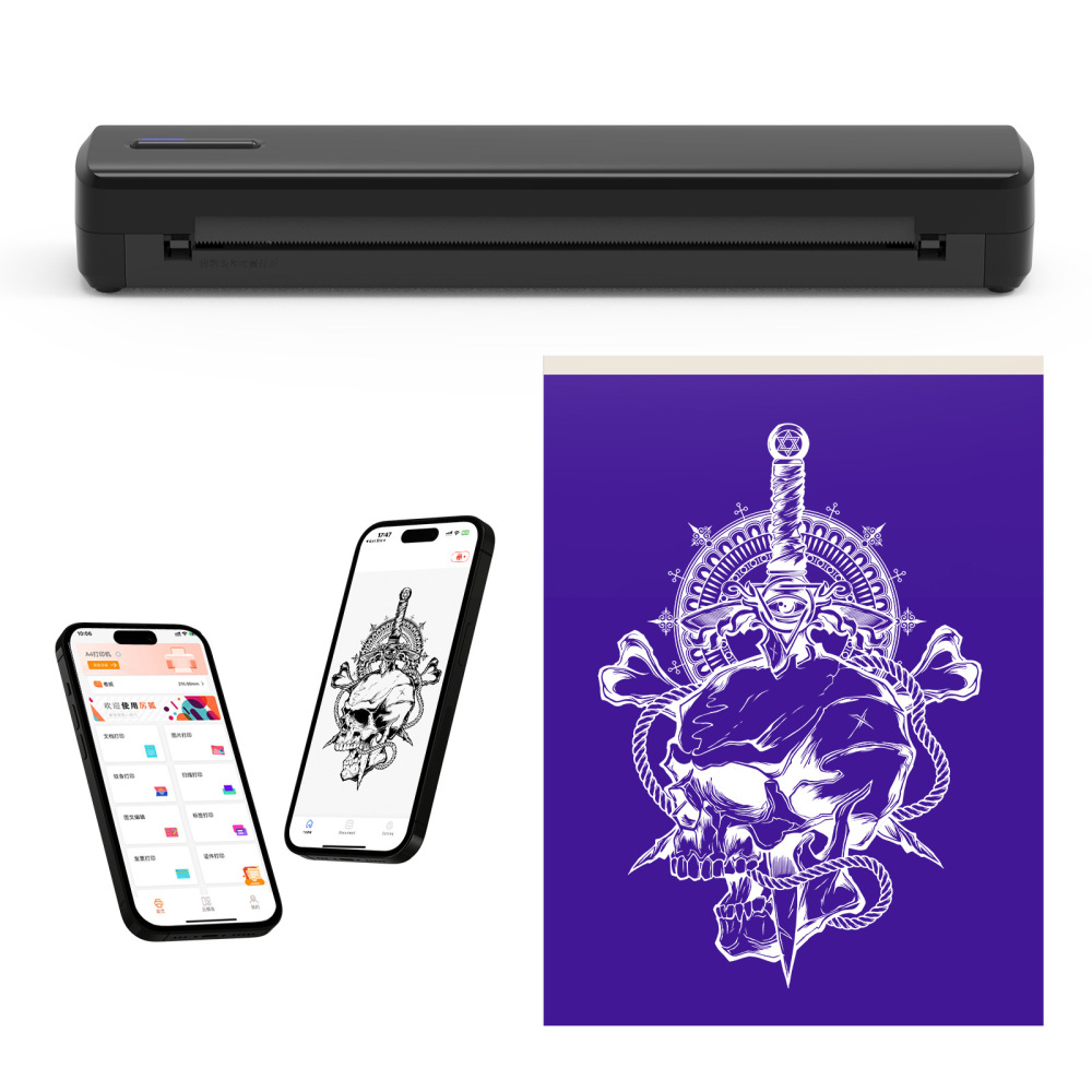 Drucker mit Design, das auf ein lila Blatt gedruckt wird, zwei Telefone mit Tattoo-Designs. Text: Macht es einfacher, deine Tattoos zu machen.