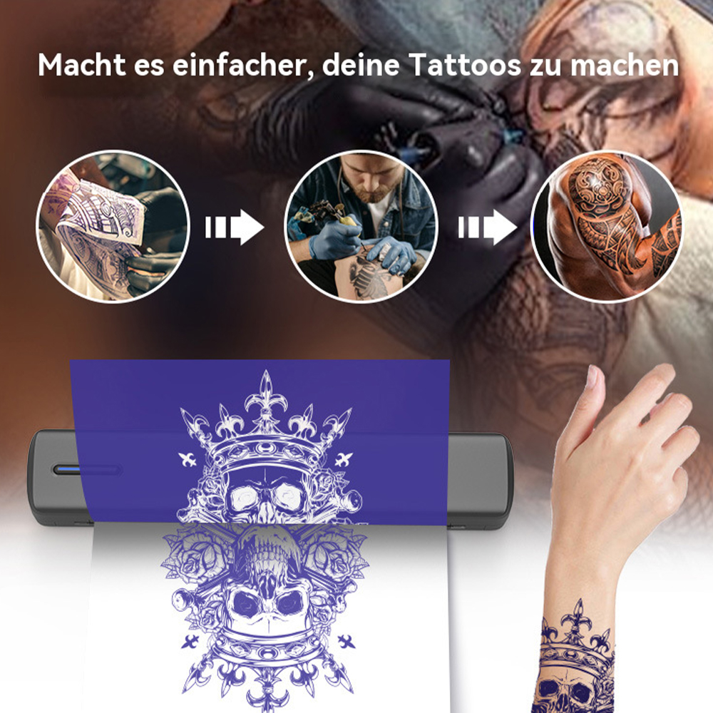 Drucker druckt ein Tattoo-Design. Zeigt den Prozess des Auftragens eines Tattoos. Text: Macht es einfacher, deine Tattoos zu machen.