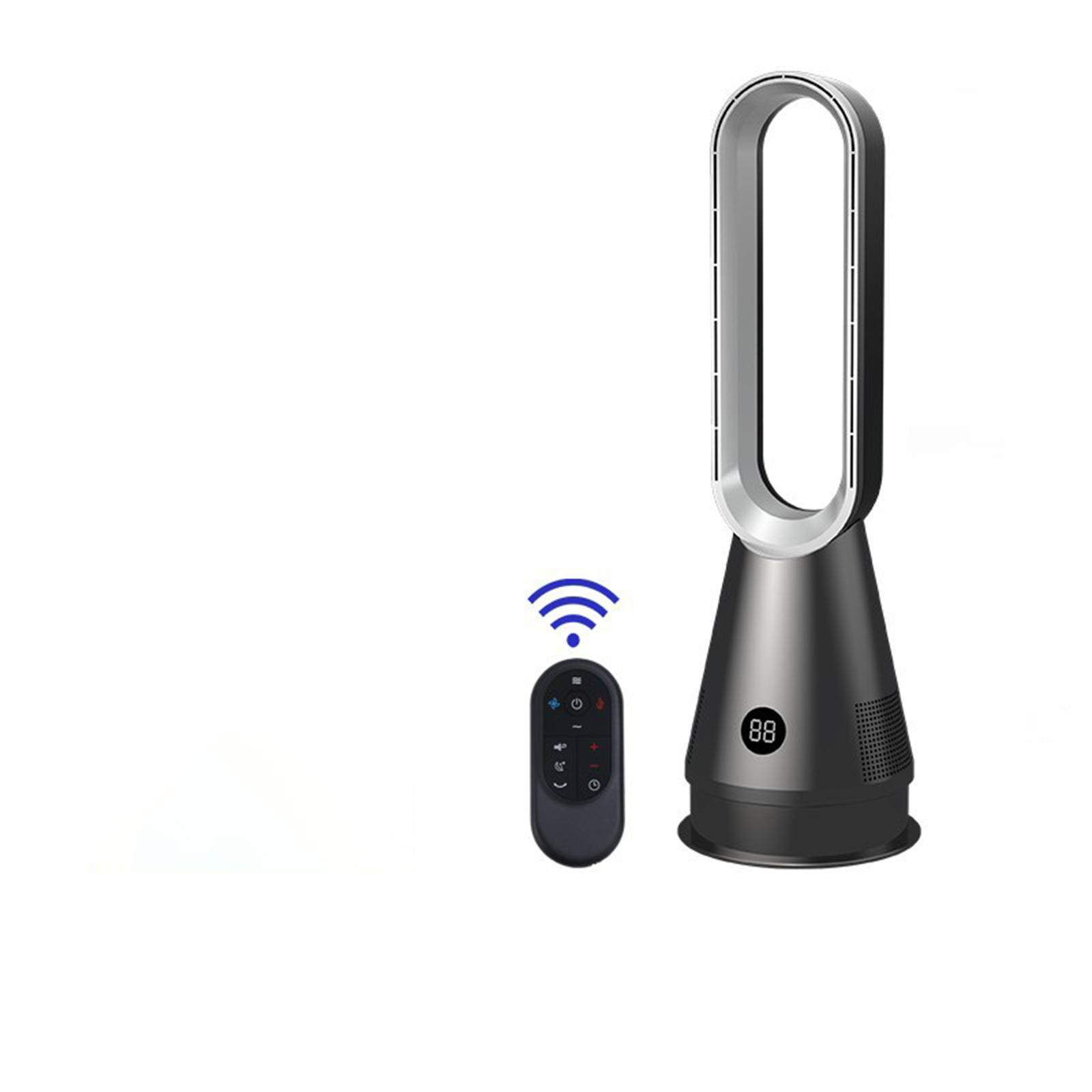 Schwarz-silberner Turmventilator mit Fernbedienung. Der Ventilator hat ein schlankes Design und Digitalanzeige. Weißer Hintergrund.