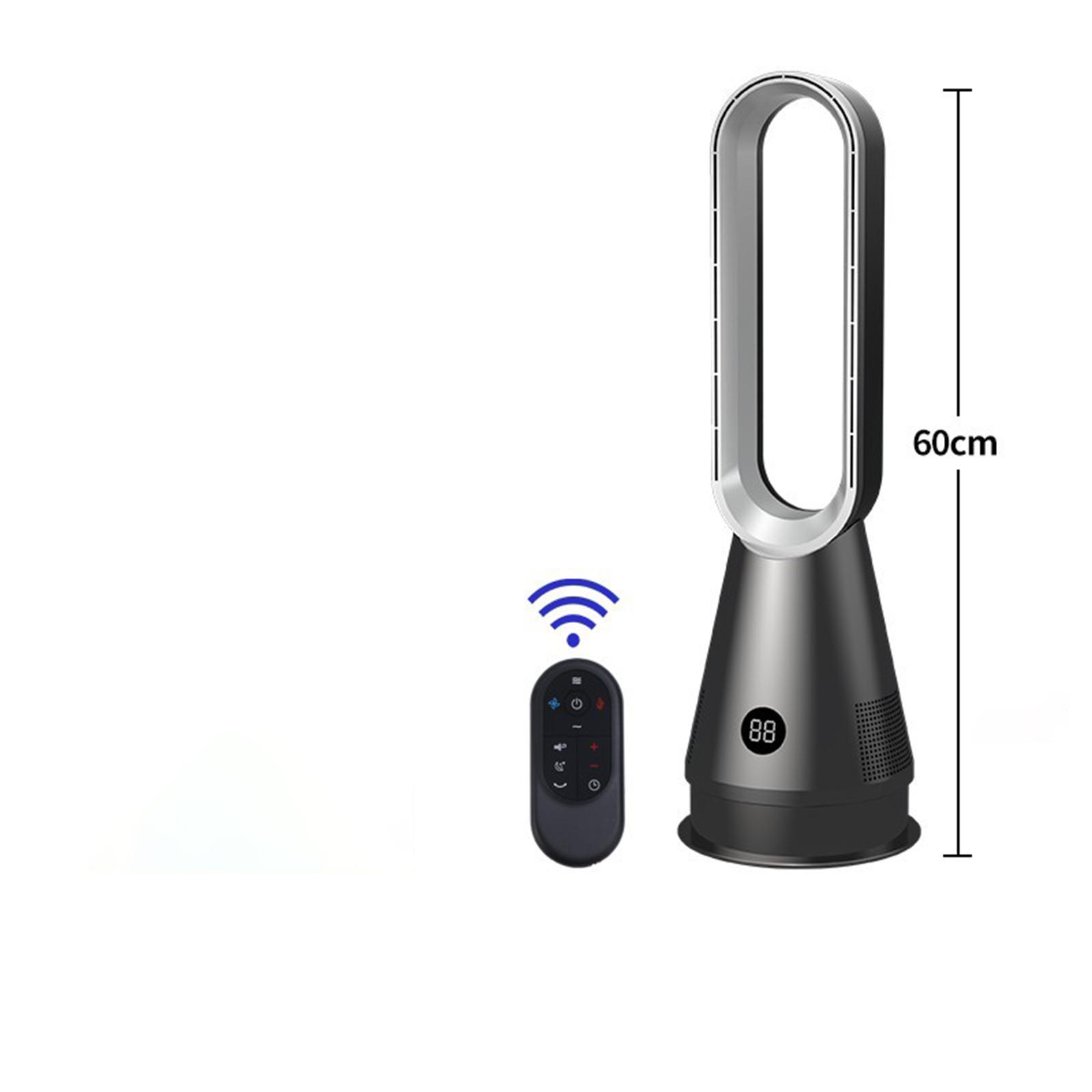 Ein schwarzer und silberner, blattloser Ventilator mit Fernbedienung und Digitalanzeige mit der Zahl 88.