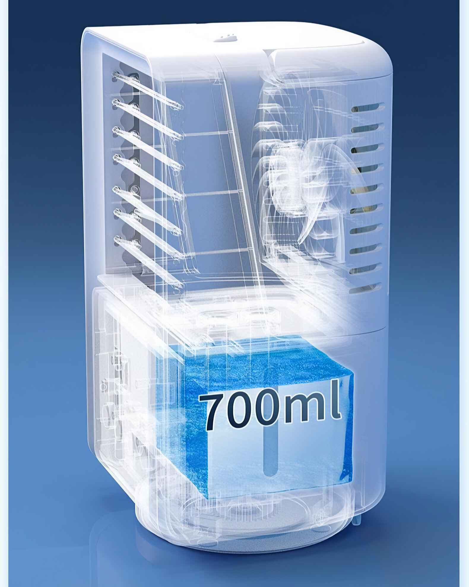 Ein transparenter Luftbefeuchter zeigt den Wasserstand bei 700 ml, mit sichtbaren internen Komponenten.