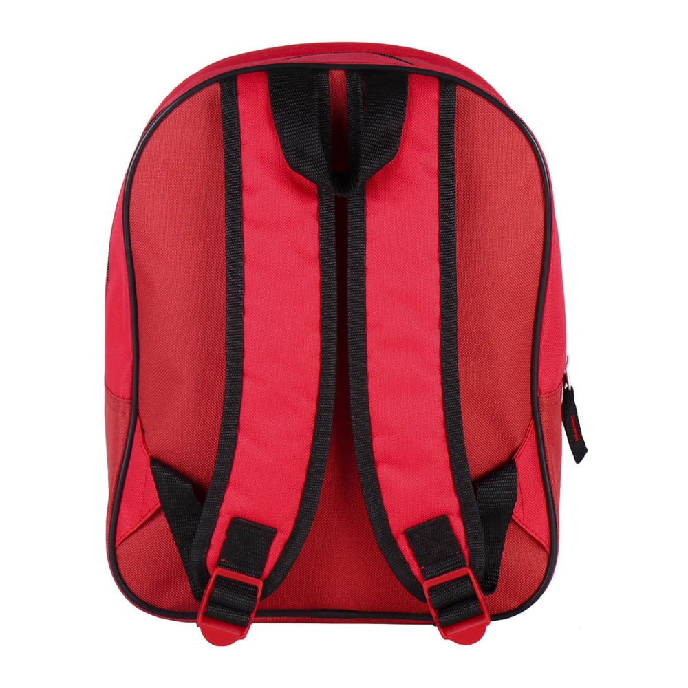 Roter Rucksack mit schwarzen Trägern und Reißverschlüssen. Die Träger sind oben und unten am Rucksack befestigt.