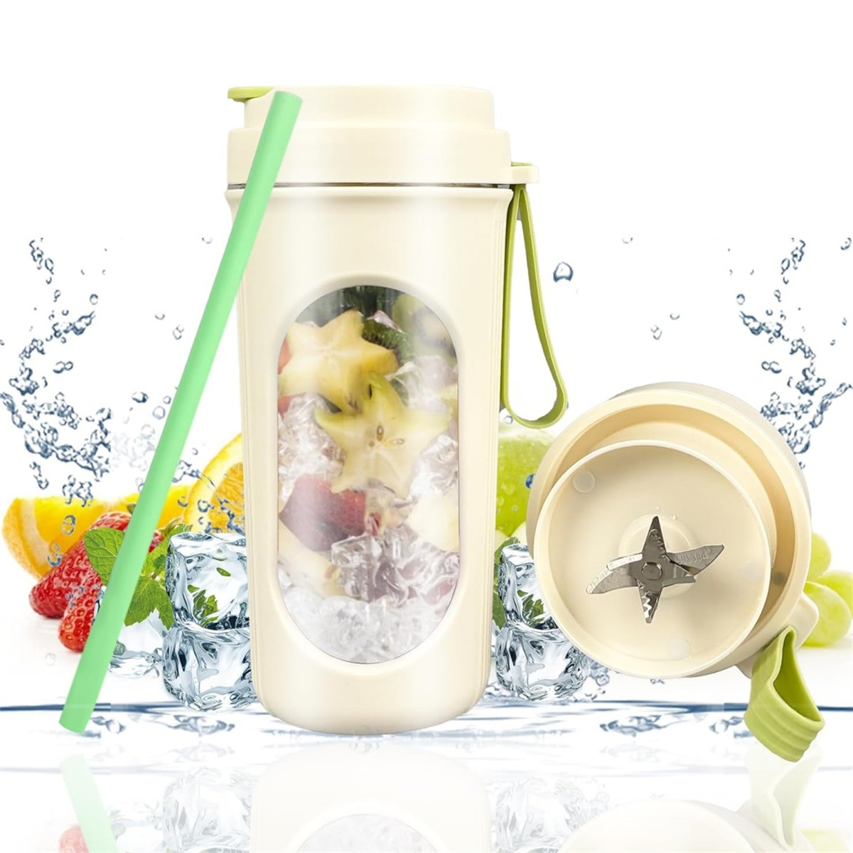 Mixerflasche mit Obst und Eis, einem Strohhalm und Deckel.