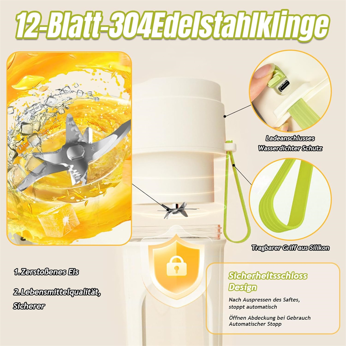 Ein weißer Mixer mit silberner Klinge und Sicherheitsverschluss. Der Mixer hat einen grünen Riemen.