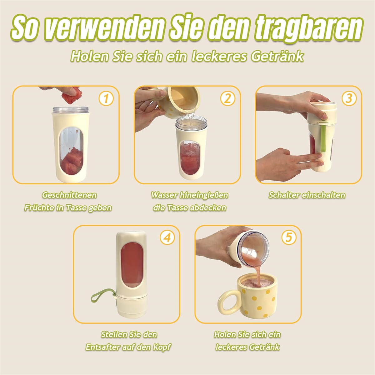 Diagramm zur Verwendung eines Mixers mit geschnittenen Früchten, Wasser und dem Endprodukt.