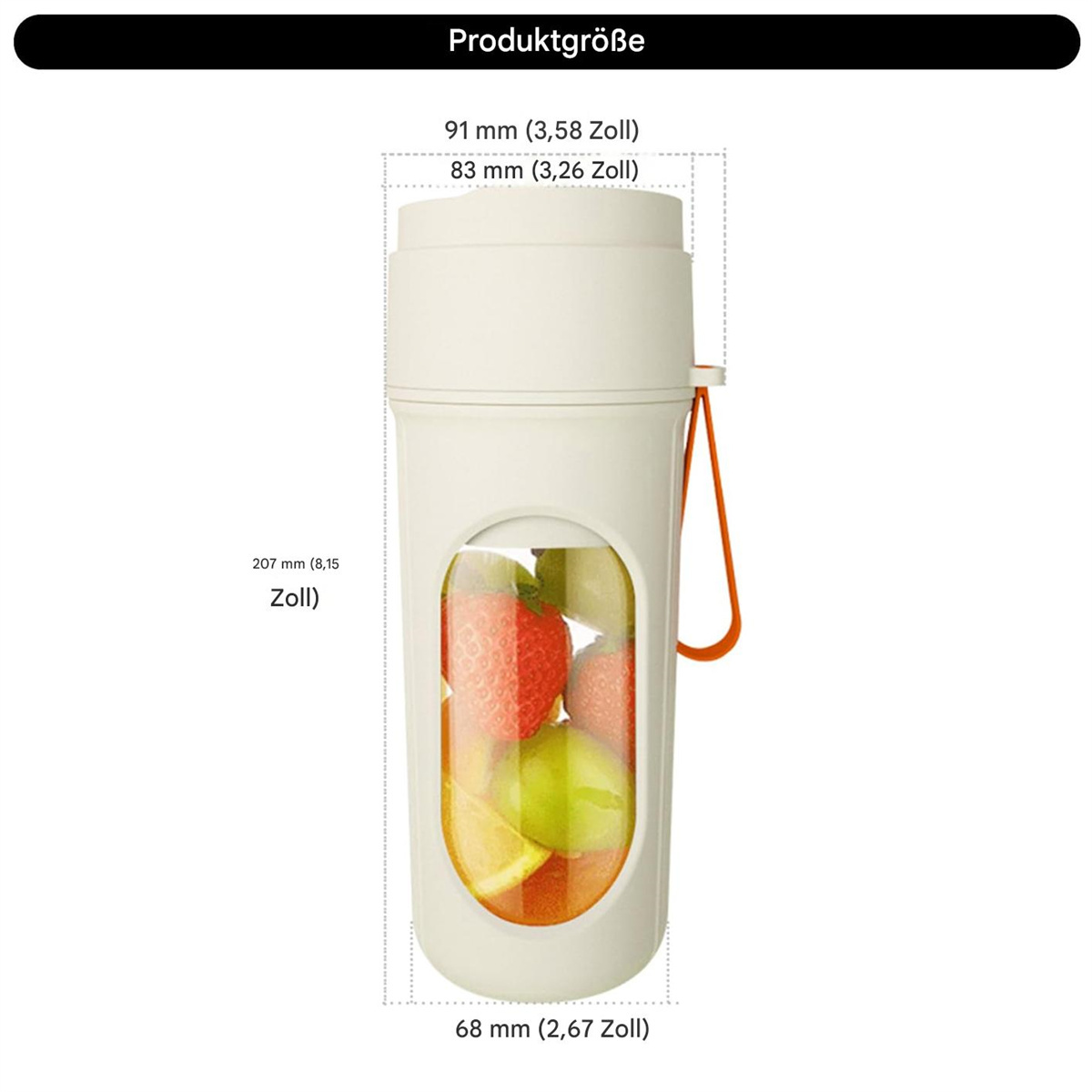 Ein weißer Entsafter mit Abmessungen, gefüllt mit Früchten wie Erdbeeren, Orangen und grünen Äpfeln.