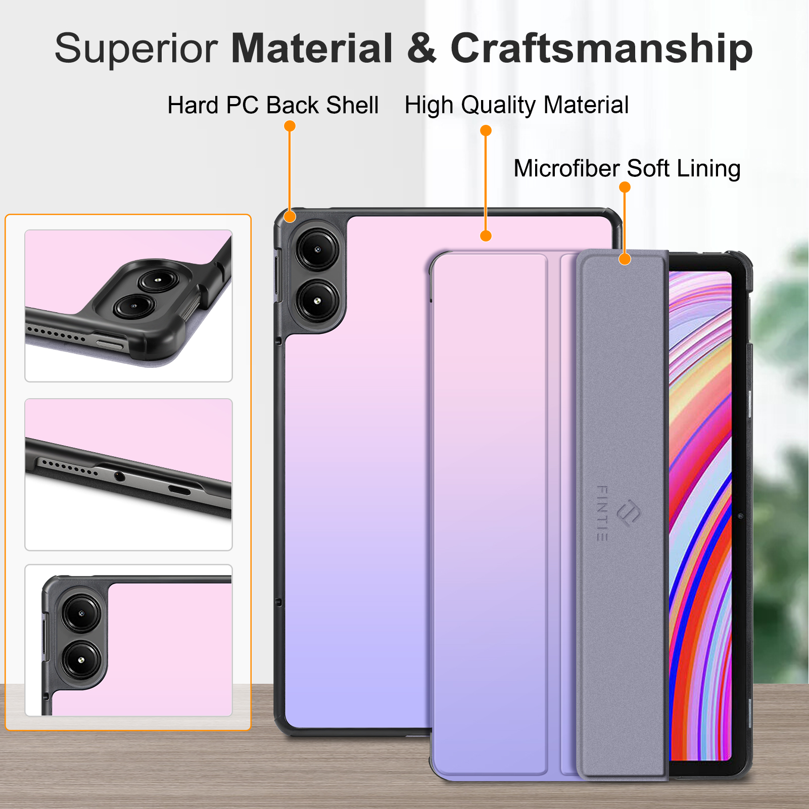 Tablethülle und Tablet, die Details der Rückschale, des Futters und der Hauptmerkmale des Materials zeigen.