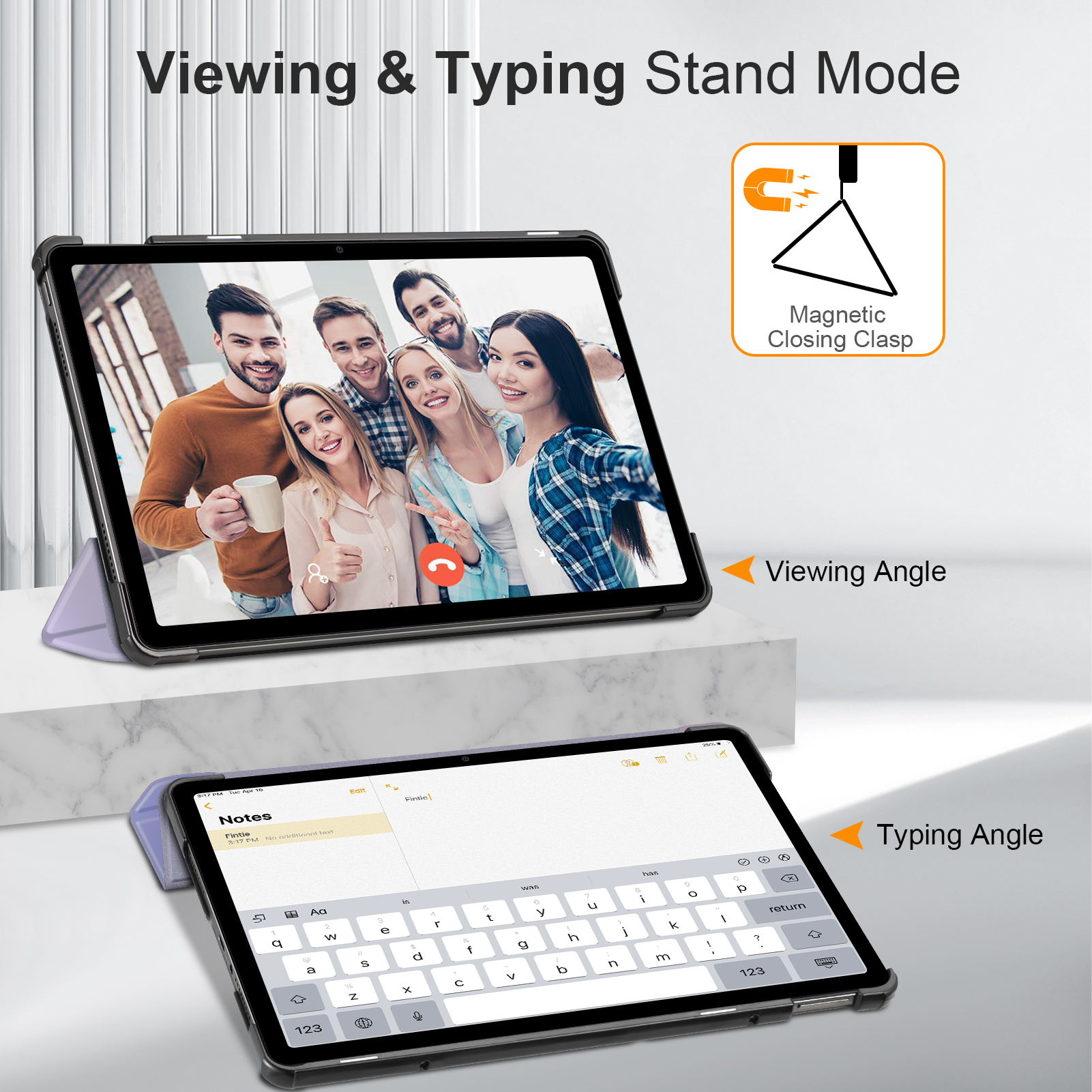 Tablet im Standmodus, zeigt einen Videoanruf und eine Tippansicht, mit einer magnetischen Verschlussklemme illustriert.