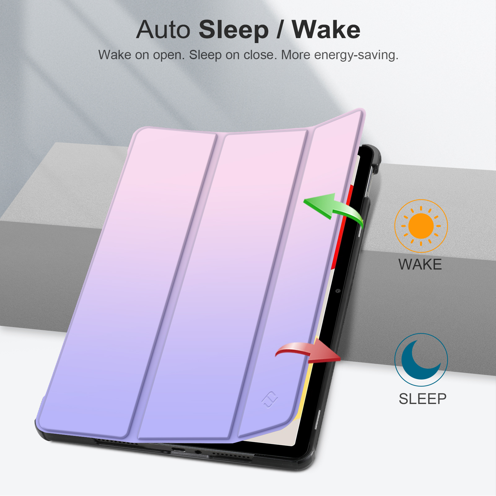 Tablet-Hülle offen, mit einem Farbverlauf aus Pink und Lila. Text: 'Auto Sleep/Wake'.