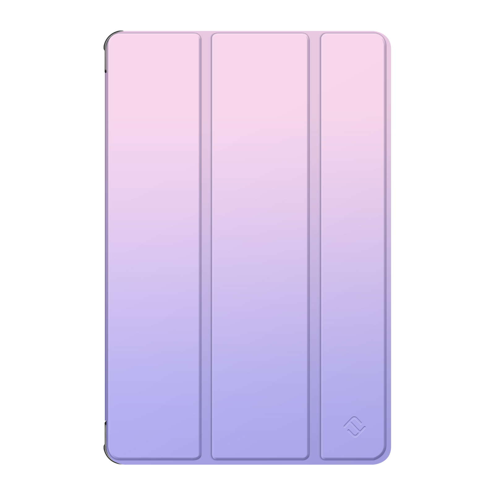 Tablet-Hülle geschlossen. Die Hülle hat einen Farbverlauf aus Pink und Lila. Die Hülle hat drei Abschnitte.