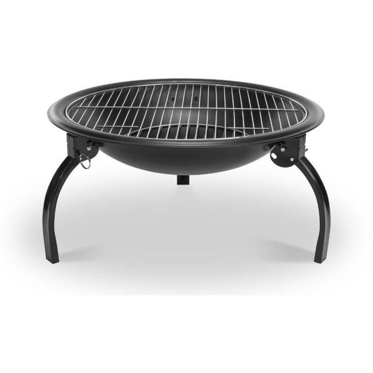 Schwarze Feuerstelle mit Grill, Beinen und Metallring. Der Grill befindet sich über der Feuerstelle.