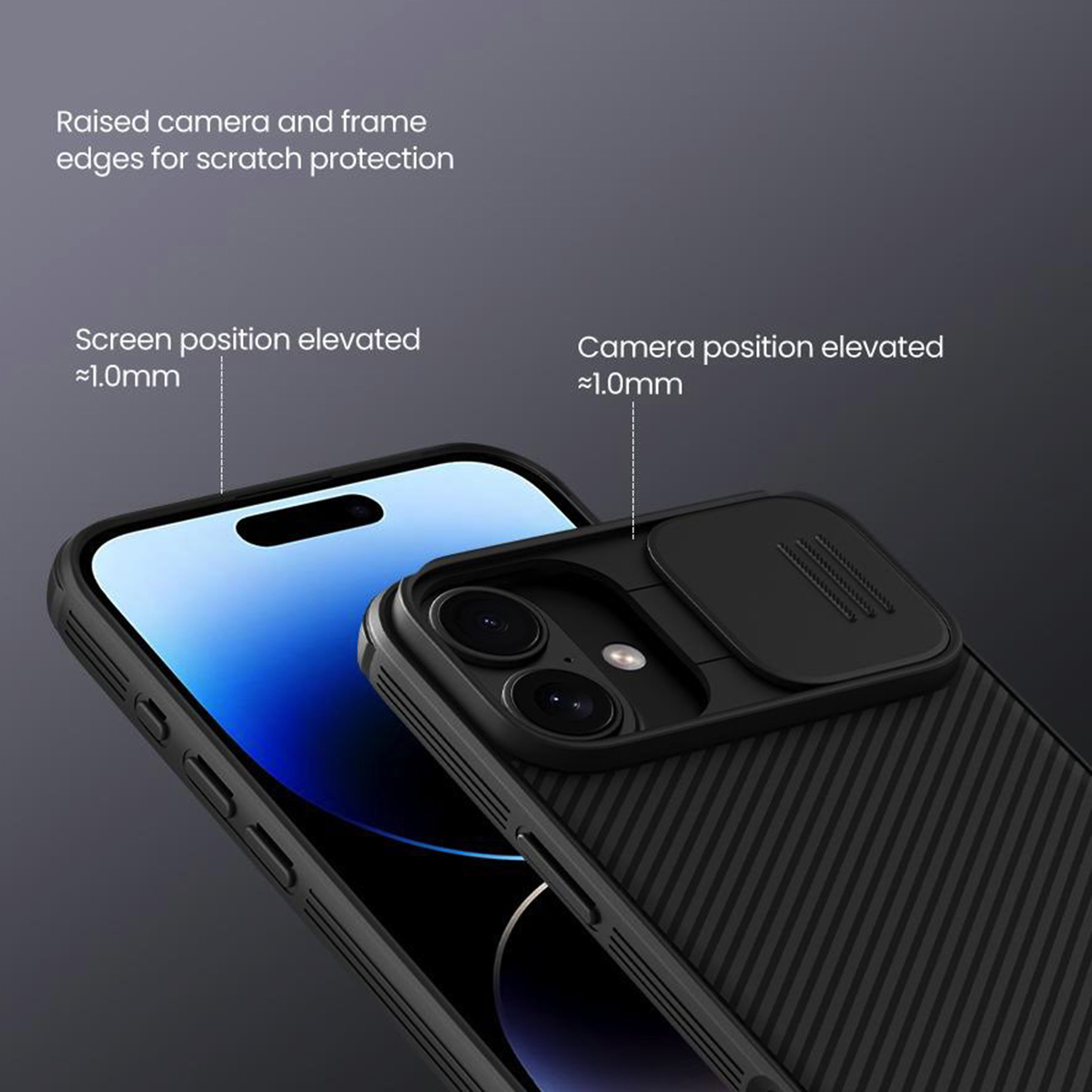 Telefono in una custodia con bordi rialzati. Il testo descrive la protezione dello schermo e della fotocamera. Lo sfondo è bianco.