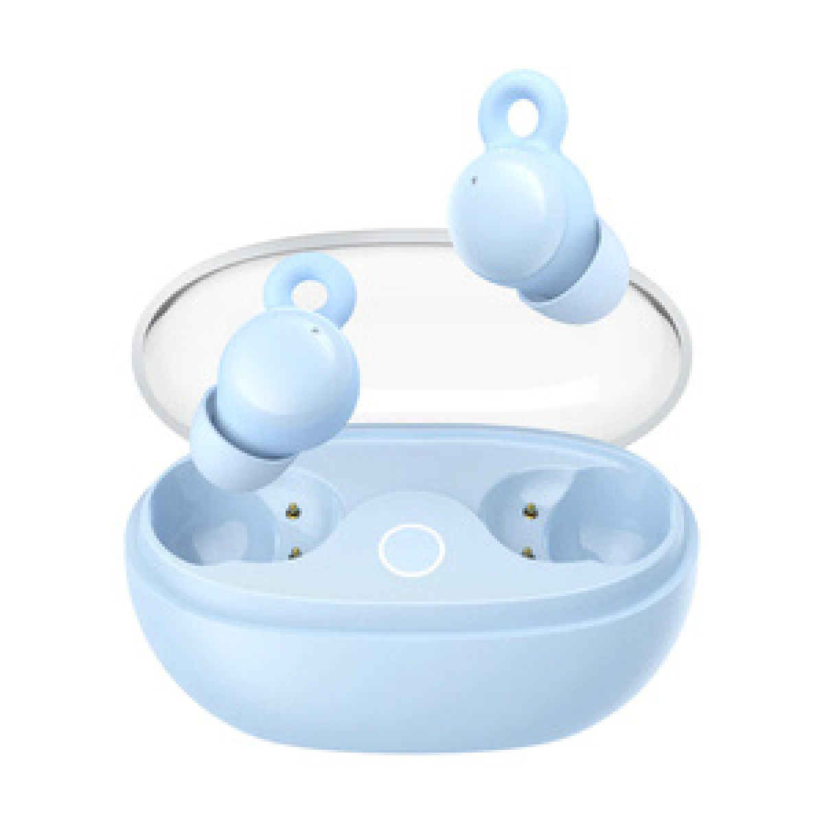 Auricolari wireless e custodia di ricarica azzurri. Sono visibili due auricolari, uno nella custodia.