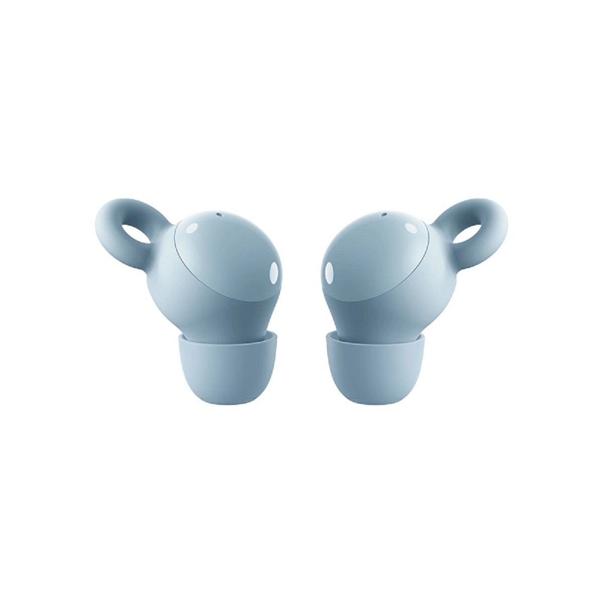 Due auricolari azzurri, ciascuno con un anello. Sono su uno sfondo bianco.