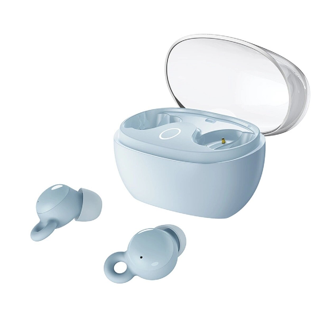Auricolari wireless azzurri e la loro custodia di ricarica, aperta. Due auricolari sono visibili, uno fuori.
