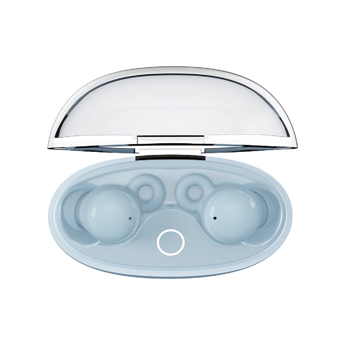 Auricolari wireless azzurri e custodia di ricarica. La custodia è aperta, mostrando gli auricolari all'interno.