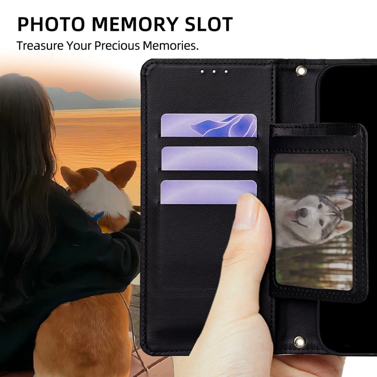 Geöffnete Handyhülle, Telefon und Karten zeigend. Eine Person hält einen Hund. Fotoslot sichtbar.