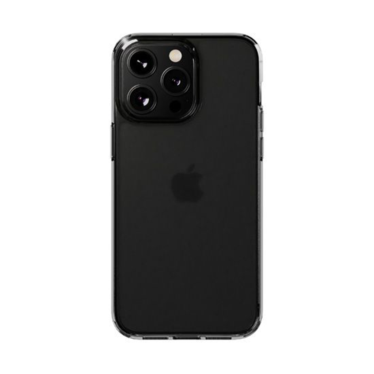 Custodia nera per telefono con retro trasparente. Il telefono ha tre fotocamere. Lo sfondo è bianco.