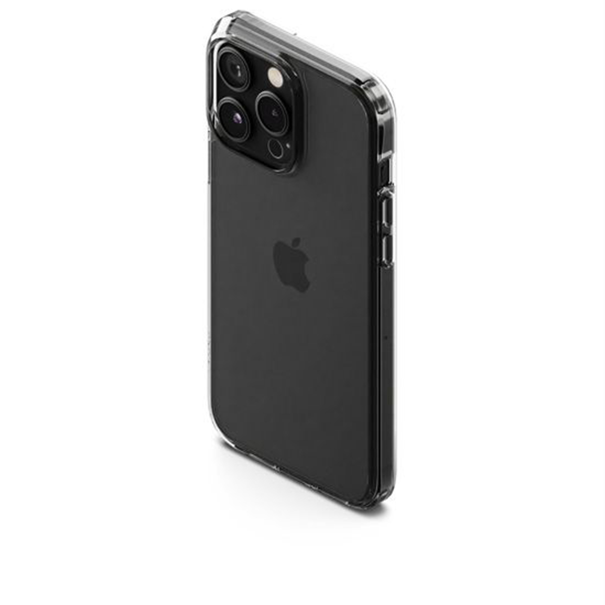 Telefono in una custodia nera. Il telefono ha tre fotocamere. Lo sfondo è bianco.