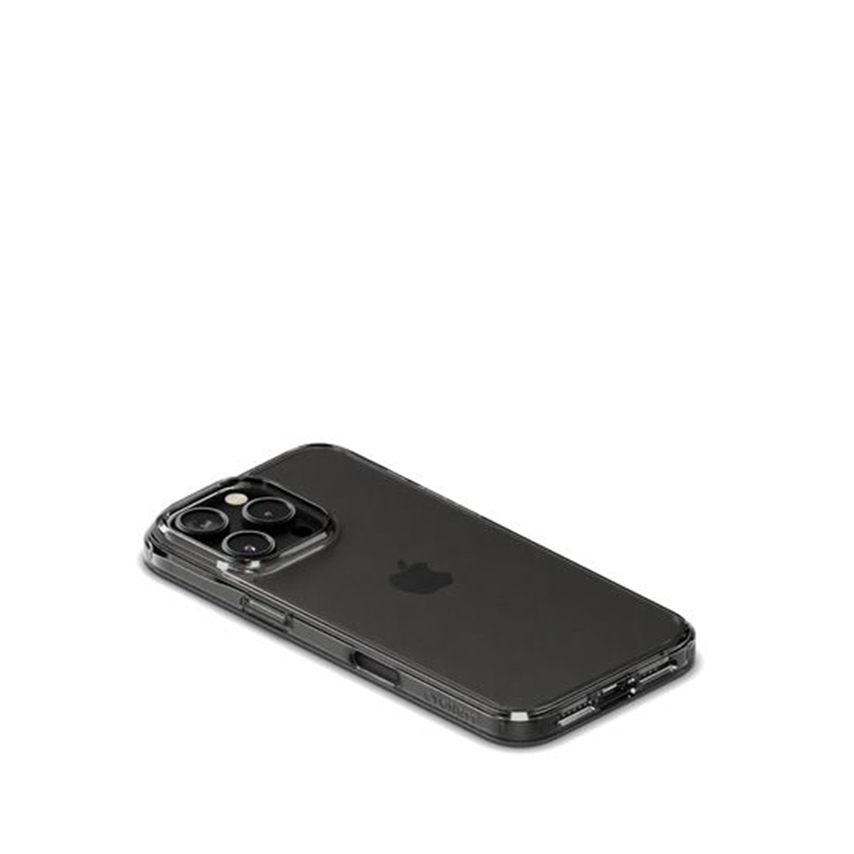 Telefono in custodia trasparente, su sfondo bianco. Le lenti della fotocamera sono visibili.