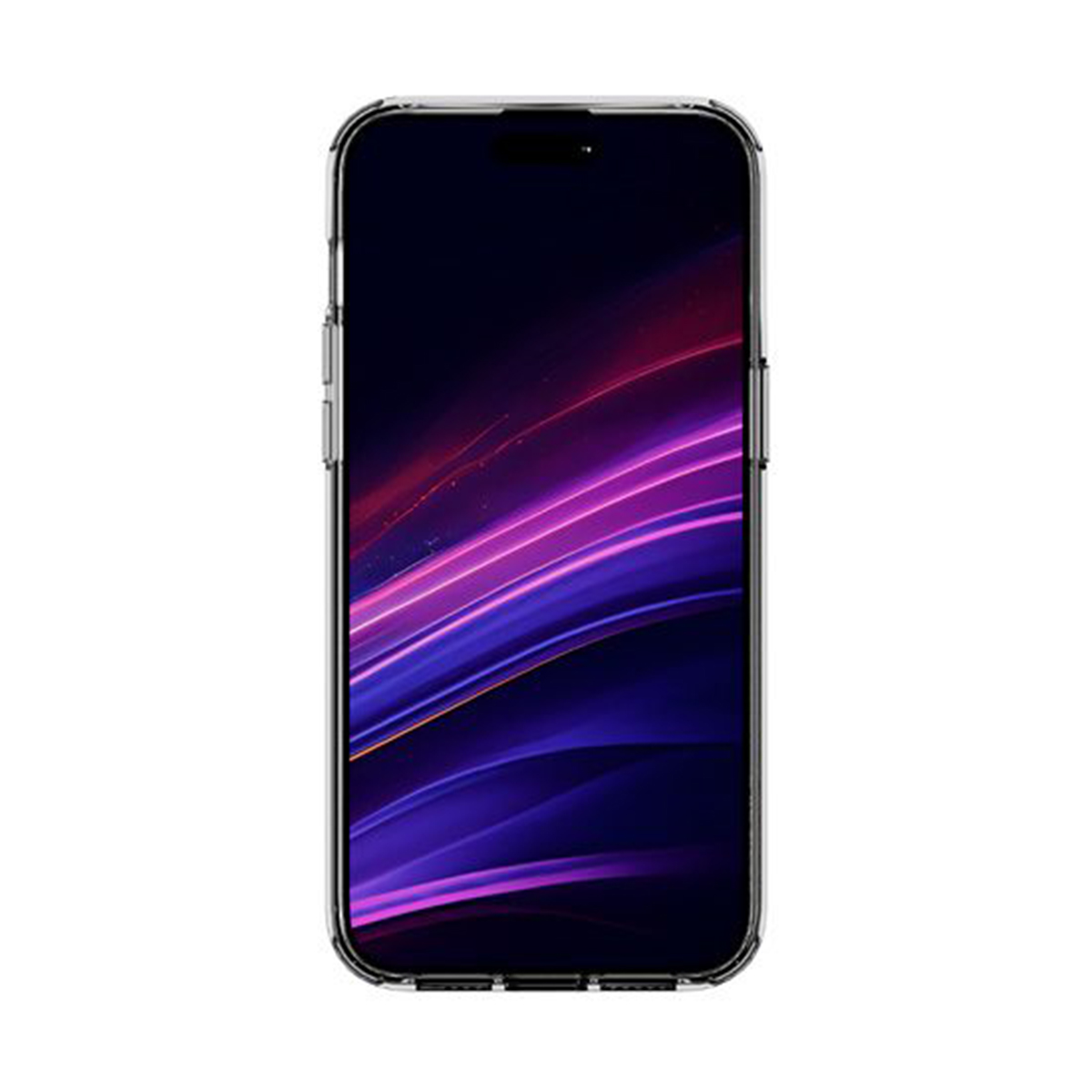 Schermo di smartphone con un vivace design astratto viola e rosa, all'interno di una custodia trasparente.