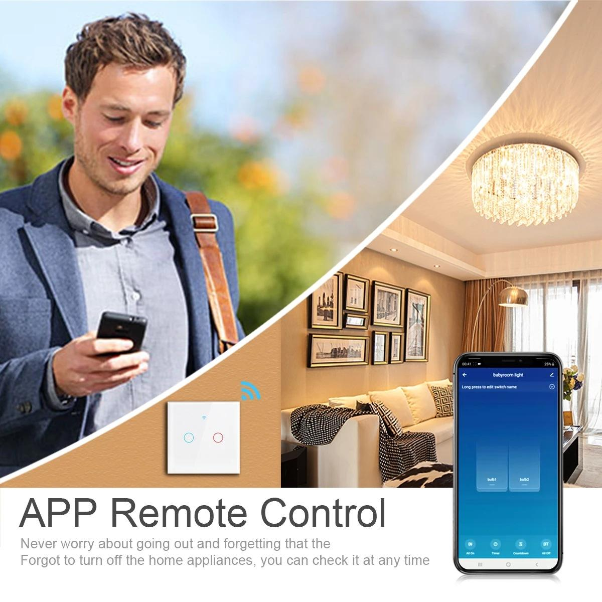 Ein Mann benutzt sein Handy mit einem Smart Switch und eine Innenszene im Hintergrund.