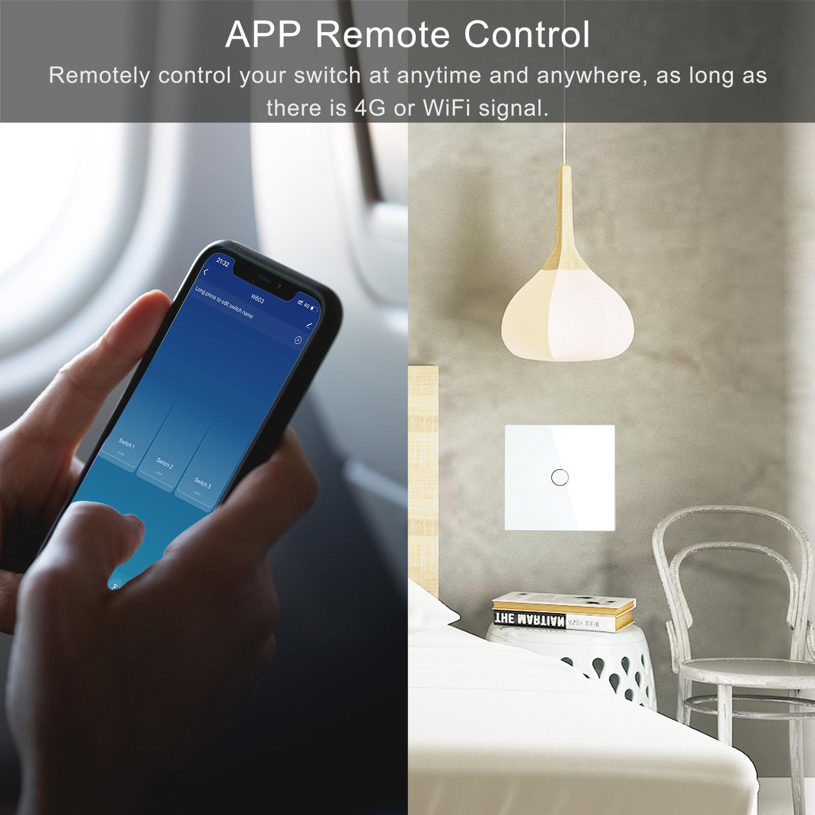 Eine Person hält ein Telefon und steuert einen Smart Switch vor dem Hintergrund eines Raumes.