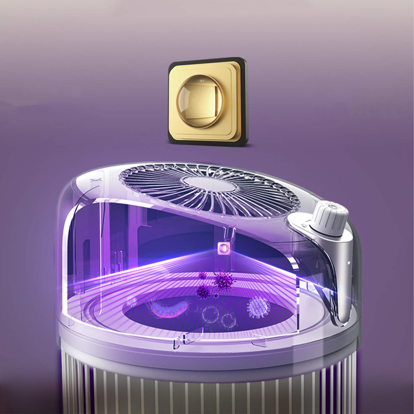 Luftreiniger mit Licht innen. Goldenes Objekt darüber. Zeigt violettes Licht und Keime.