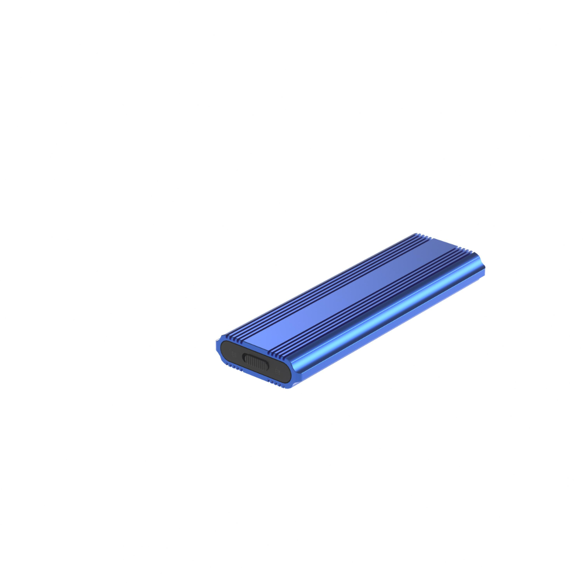 Blaue externe Festplatte mit gerippter Textur und USB-C-Anschluss. Isoliert auf weißem Hintergrund.