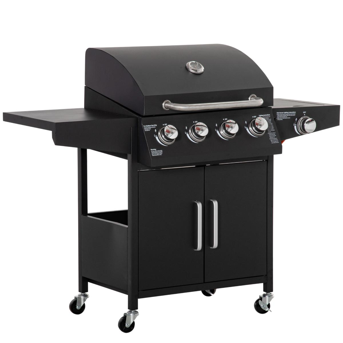 Schwarzer Gasgrill mit Deckel, Bedienknöpfen und Seitenablage. Er hat Räder und steht auf weißem Grund.