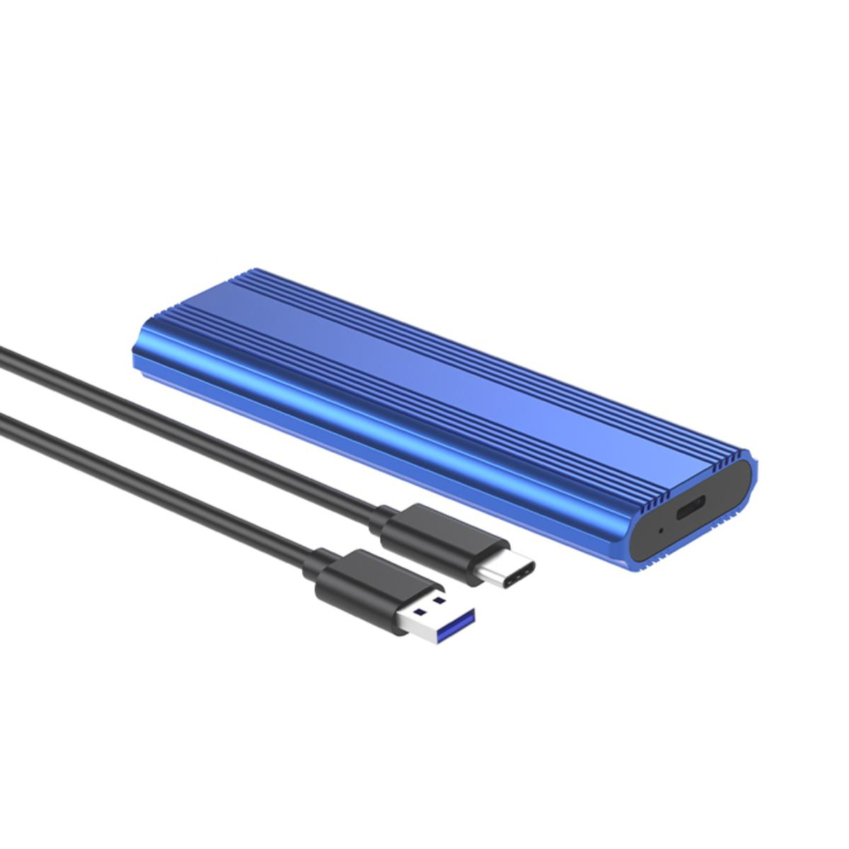 Blaue externe Festplatte mit USB-C-Kabel und USB-A-Kabel. Die Kabel sind angeschlossen.