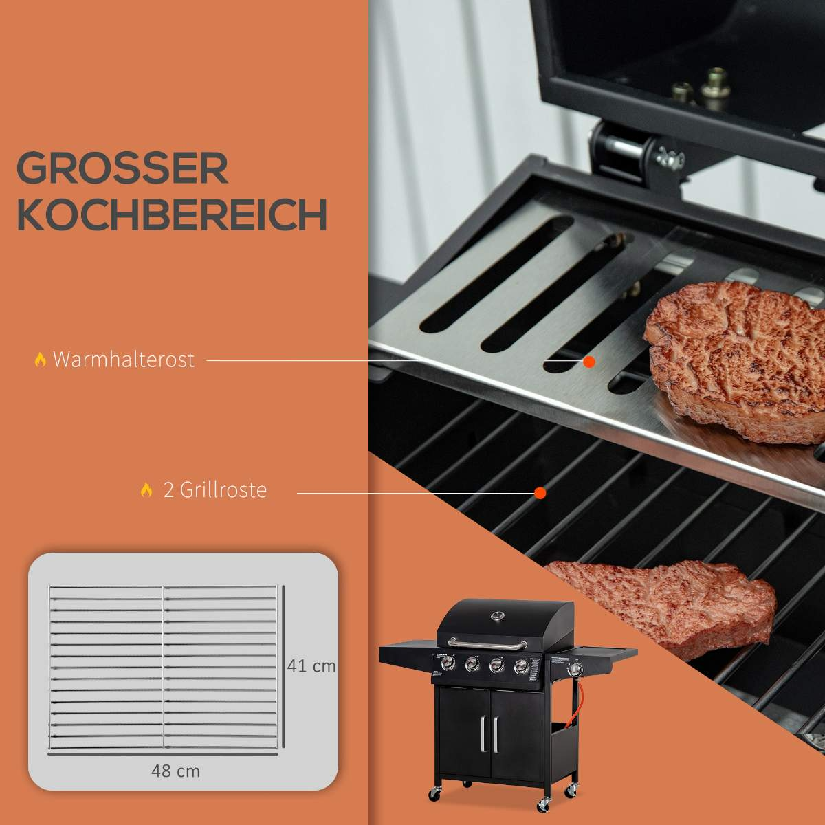 Ein schwarzer Grill mit Kochfläche. Das Bild zeigt eine Nahaufnahme des Grills und seiner Komponenten.