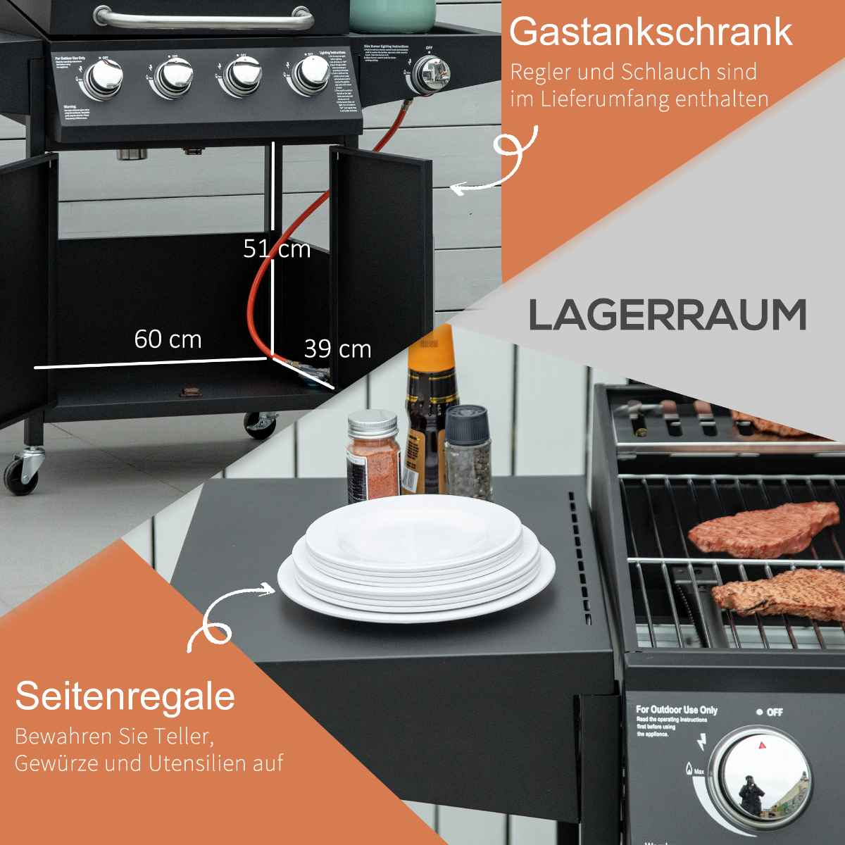 Ein offener schwarzer Grill mit Stauraum. Teller, Gewürze und Kochutensilien befinden sich auf der Seitenablage.