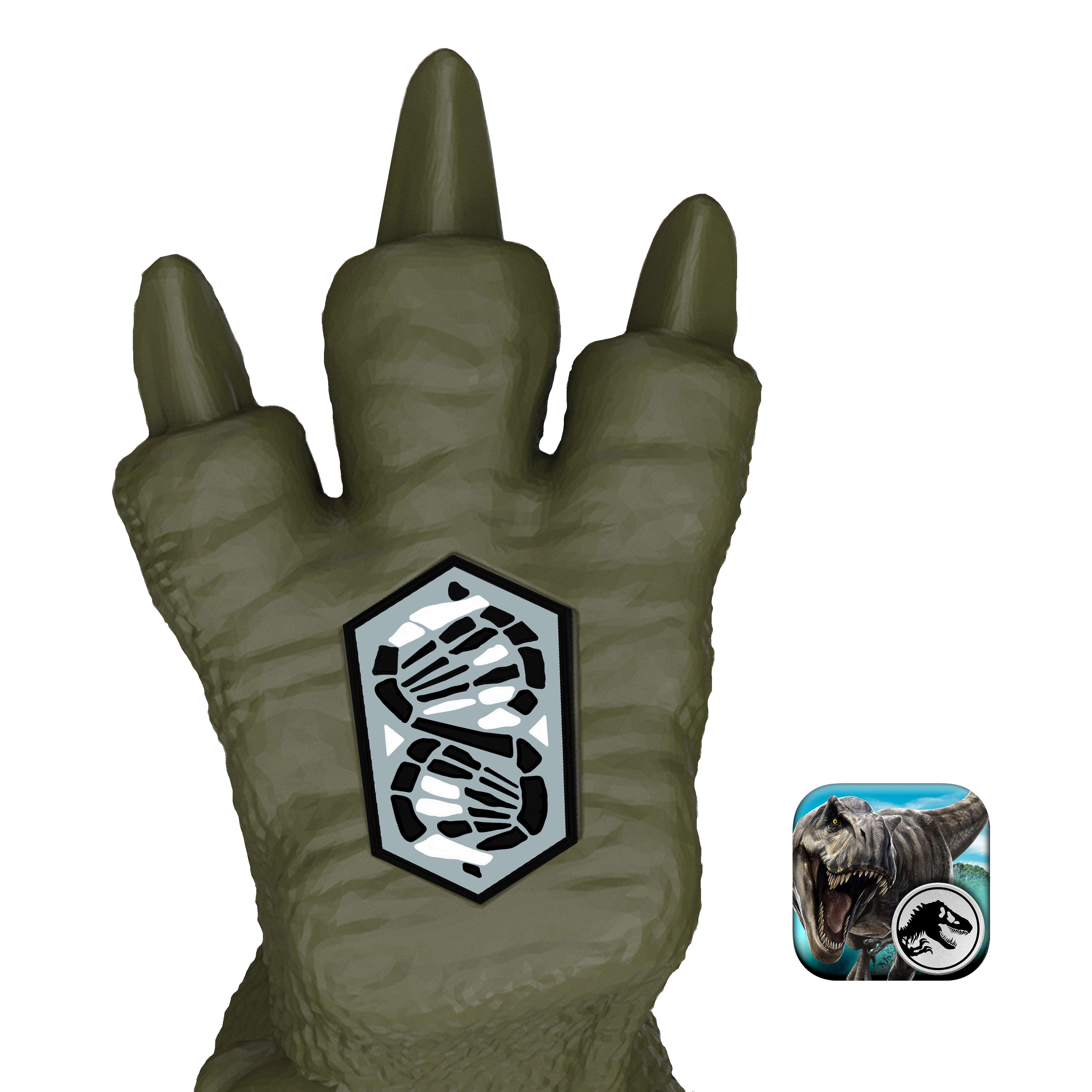 Zielona stopa dinozaura z kodem QR. Na zdjęciu znajduje się również ikona aplikacji telefonicznej.