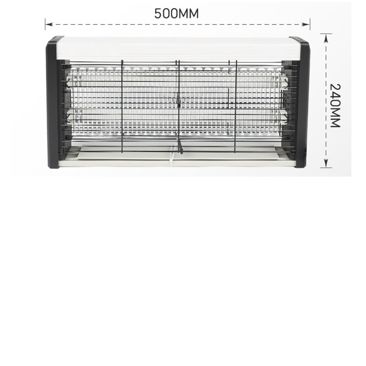 Rechteckiger Insektenvernichter mit den Maßen 500x240mm. Schwarzer Rahmen, Metallgitter, weißes Innere.