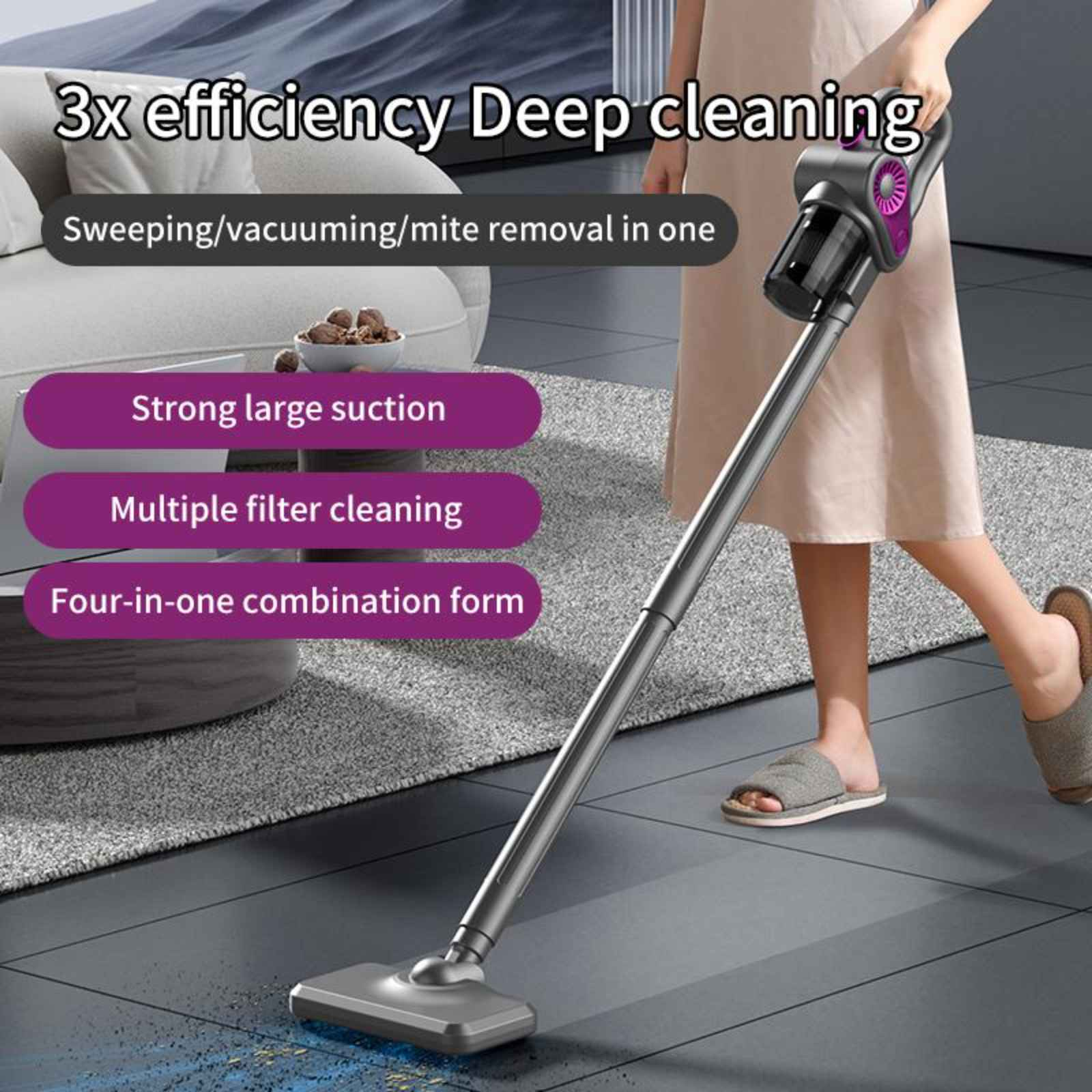 Eine Frau benutzt einen kabellosen Staubsauger. Der Text lautet '3x efficiency Deep cleaning' und 'Strong large suction'.