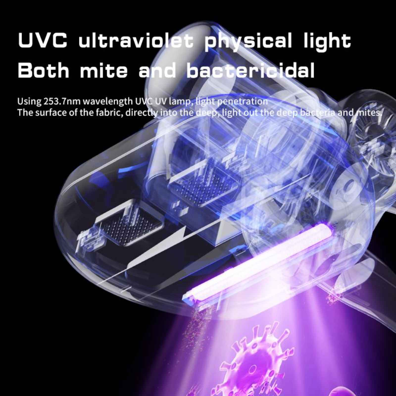Nahaufnahme eines Staubsaugers mit UVC-Licht. Der Text lautet 'UVC ultraviolettes physikalisches Licht' und 'Sowohl Milben- als auch bakterizid'.