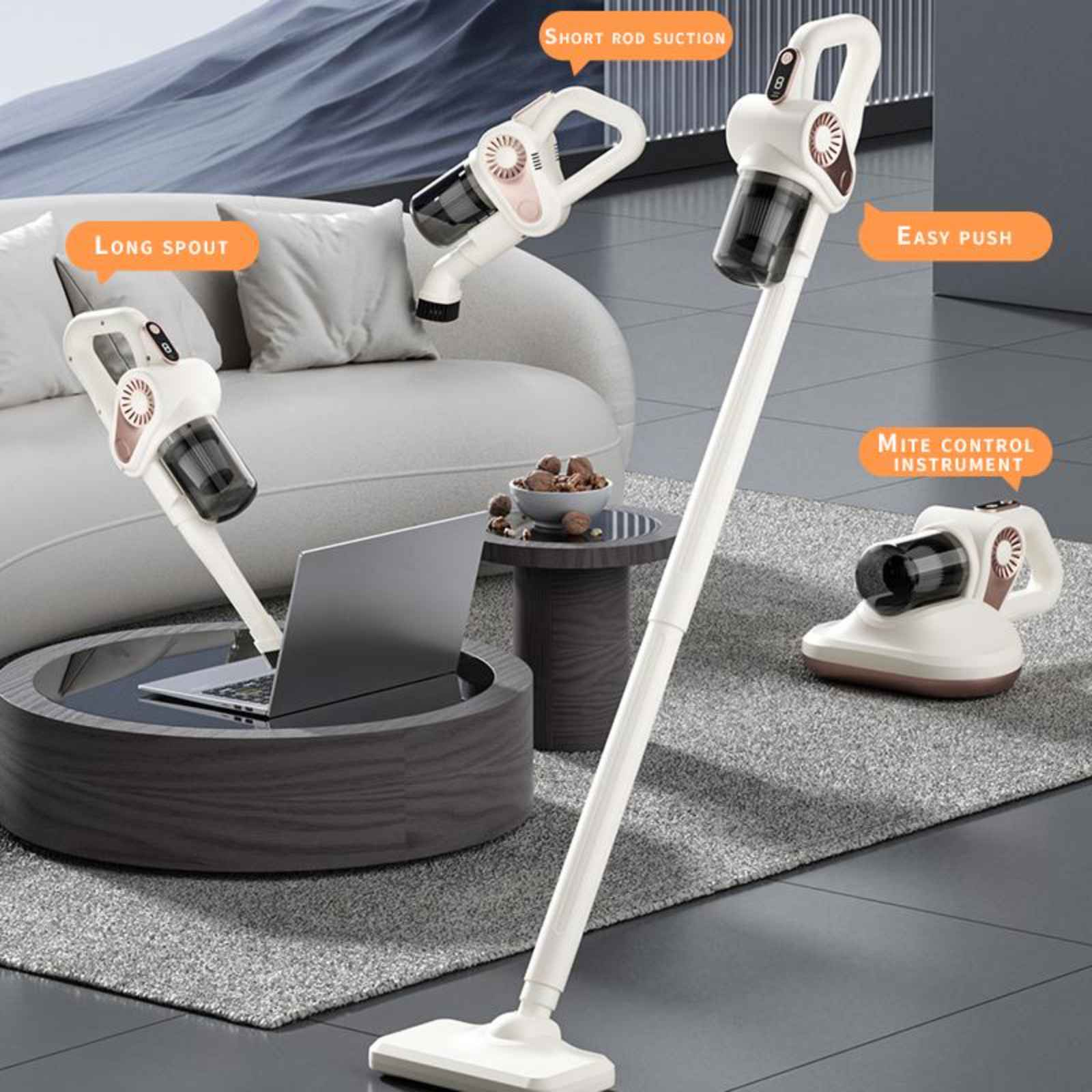 Drei verschiedene Staubsauger in einer häuslichen Umgebung, die Design und Benutzerfreundlichkeit hervorheben.