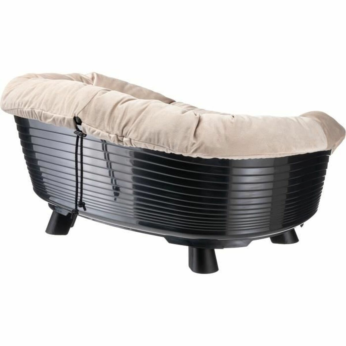 Ein beiges Haustierbett in einer schwarzen Basis, das ein geschwungenes Design mit einer Schnur zeigt.