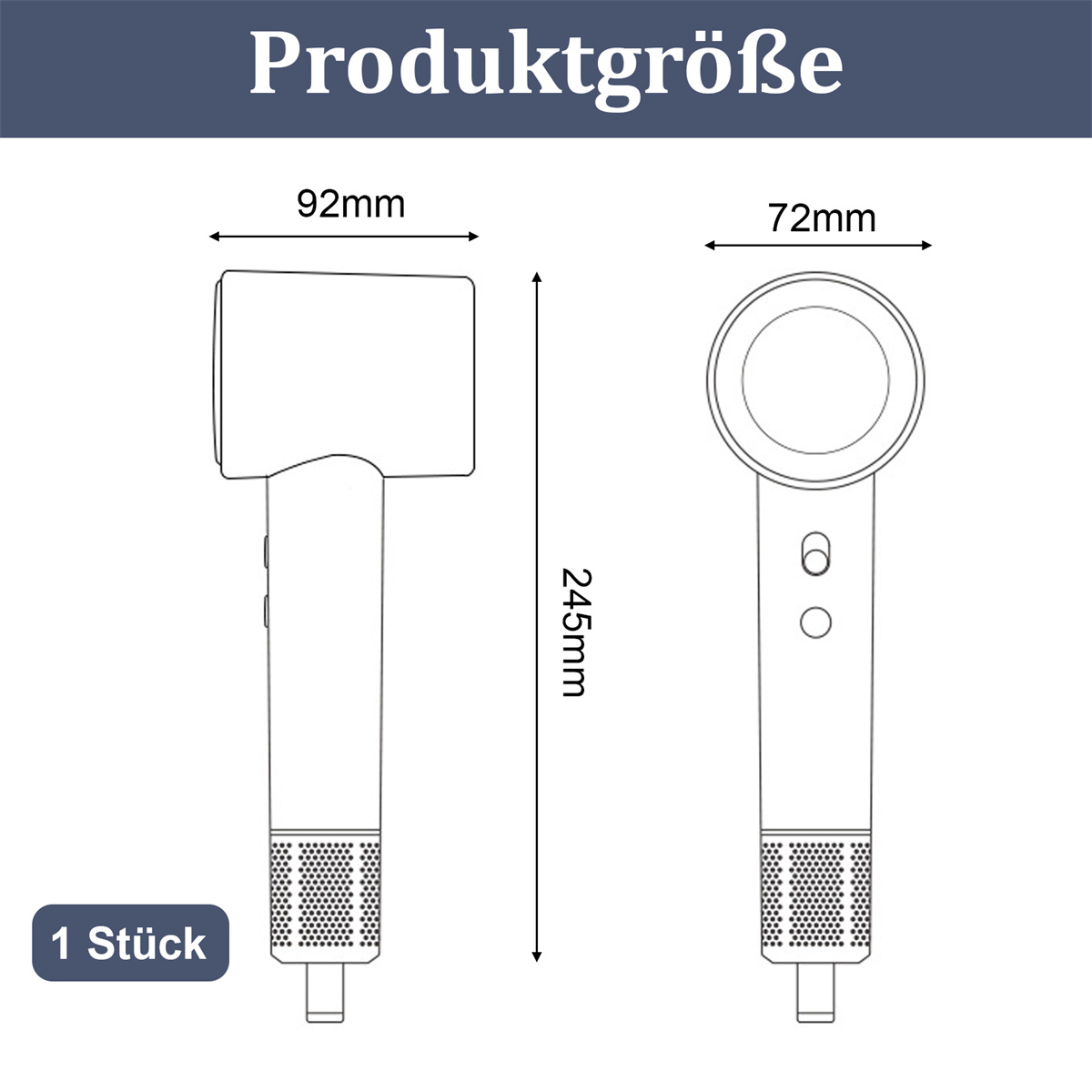 Strichzeichnung eines Haartrockners mit Abmessungen. Etiketten kennzeichnen die Größenangaben.