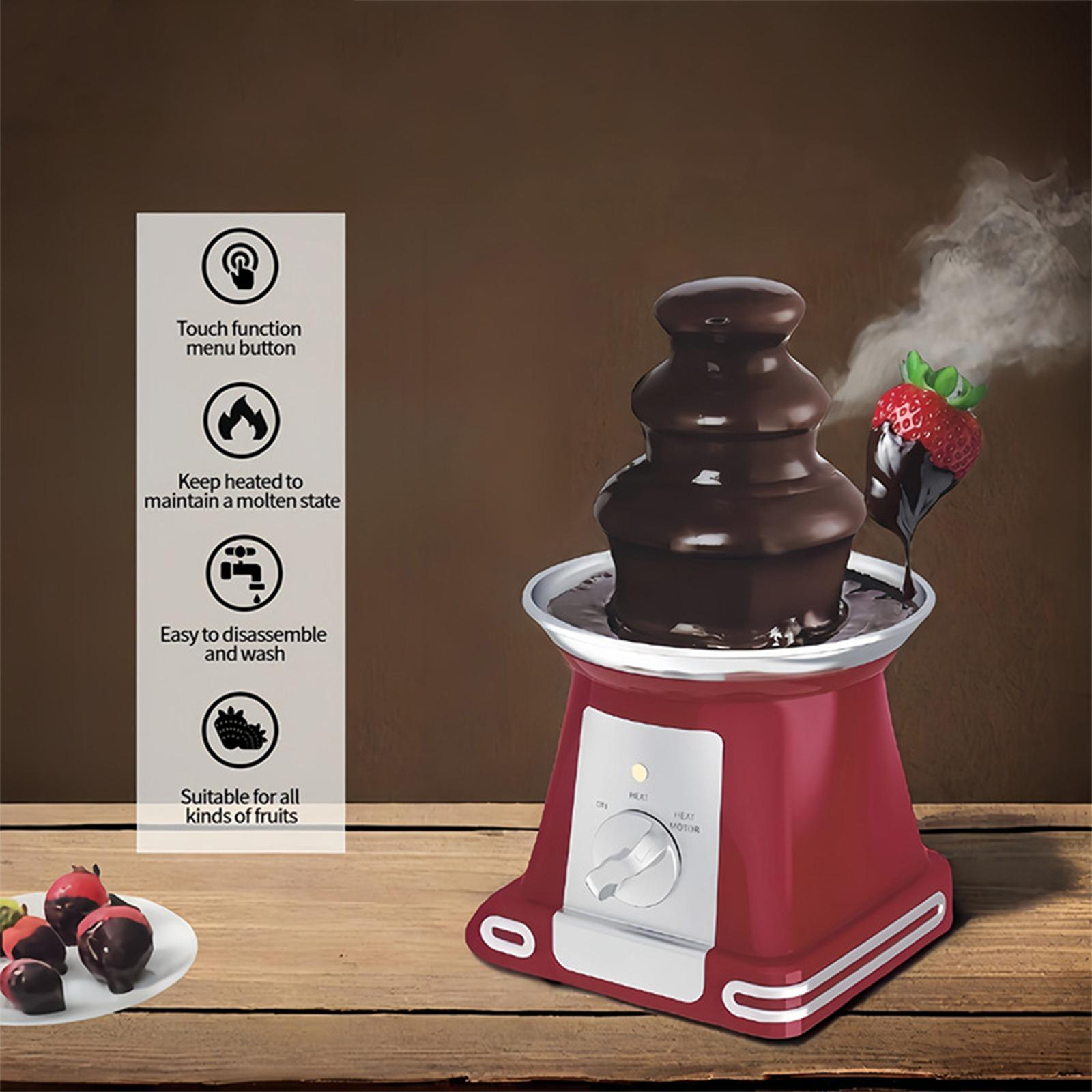 Ein roter Schokoladenbrunnen mit Erdbeeren und Schokolade. Text weist auf Funktionen wie Touch-Taste und Wärme hin.