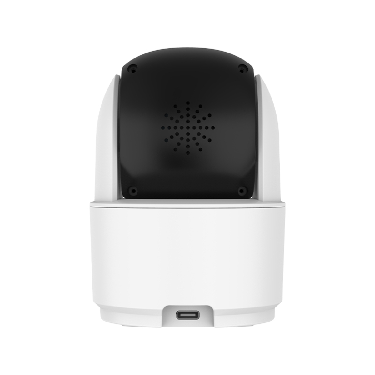 Die Rückseite einer Überwachungskamera. Sie ist weiß mit einem schwarzen Oberteil und hat einen USB-Anschluss.