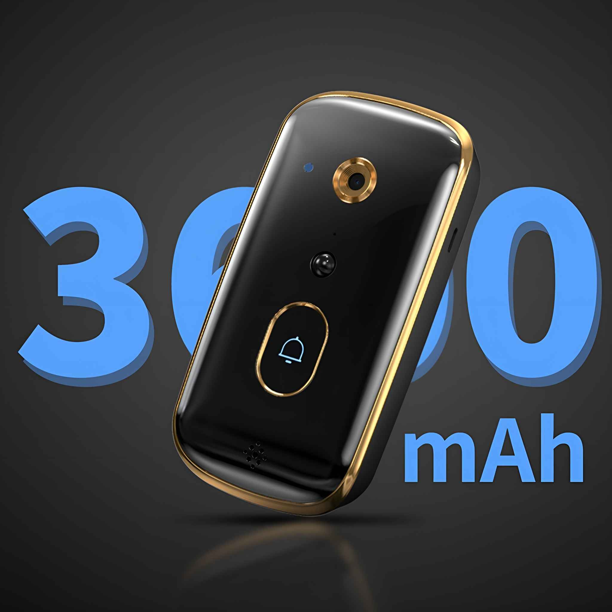 Eine schwarze Türklingel mit goldenem Rand, die 3000 mAh in blauem Text auf schwarzem Hintergrund zeigt.