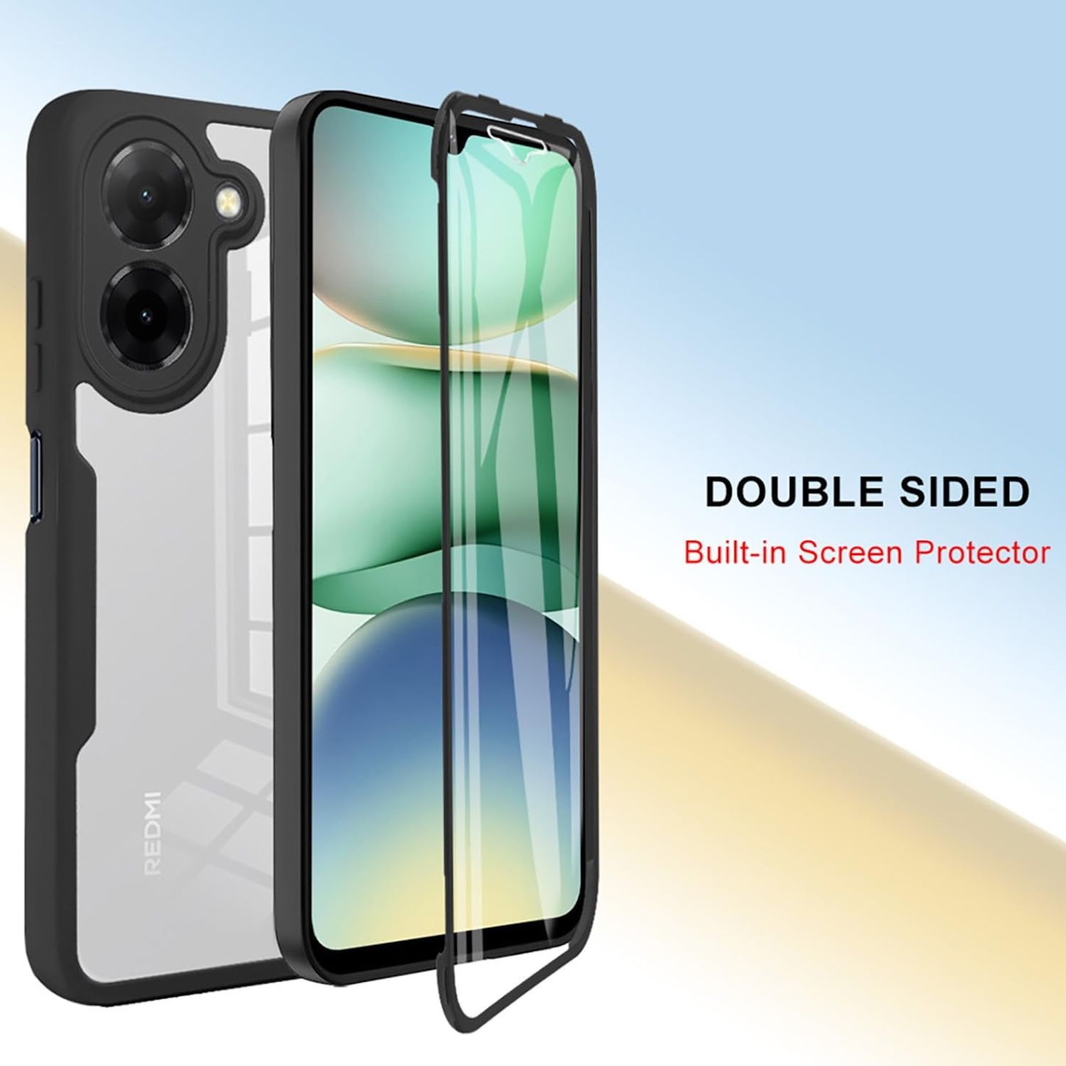 Handyhülle in Einzelteilen, zeigt einen klaren Displayschutz und die Rückseite. Ein Telefon ist sichtbar.
