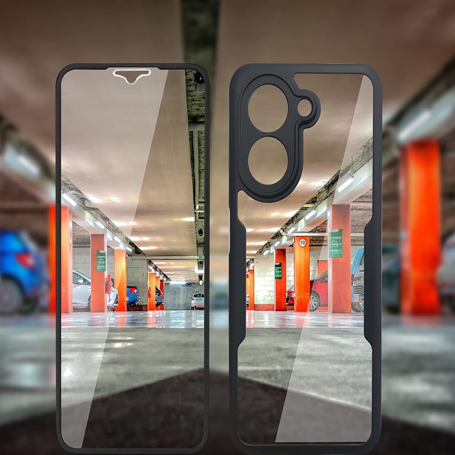 Handyhülle und Telefonbildschirm nebeneinander in einer Parkgarage. Schwarze Hülle umgibt das Telefon.